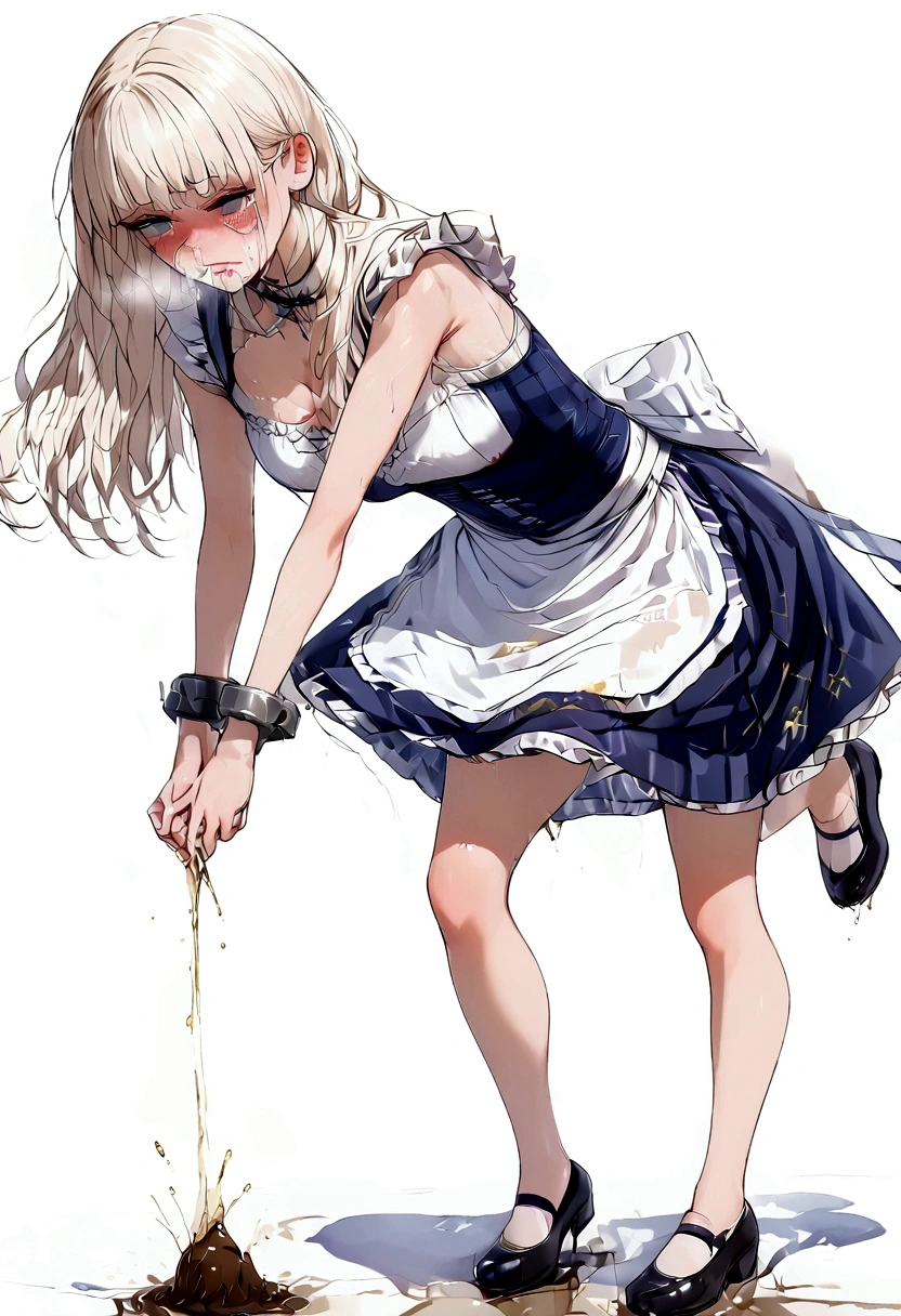 Anime, girl, cute girl, slave, maid, maid uniform, shoes, slave collar, shackles, cold, runny nose, nasal mucus, snot, snot from the nose, handkerchief, you need to sneeze, sneeze yourself, sneeze snot from your nose, desperately want sneeze, cover your nose with your right hand, urinary incontinence, peed, need to pee, pee yourself, pee, pee yourself, cry, really desperately want to pee, scat, diarrhea, crap yourself, need to poop, need to poop, poop in your panties, poop yourself, poop, sneeze, pee and pee yourself: 1.3), desire to sneeze, desire to pee, desire to poop tightly covering the perineum, knees together, feet apart: 1.6), (hand between legs, leaning forward: 1.3), (shaded face, despair, anxiety, sigh, full face flush, embarrassment, looking away: 1.5), (girl can't stand up straight: 1.5), full body, (ultra detailed face, best quality: 1.5), ( from the side), standing, living room, full height. Pee on the floor and pooped on the floor