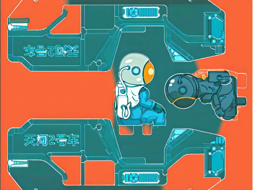 Space suit,Cartoon,Space car, Heavy Line Drawing,Vehicles with steering wheels, Fusion Mecha Parts, highly detailed panel cuts,线条分割成Different colored tiles,Different colored tiles,Color blocks,Bright colors,Vibrant colors,Color contrast,Pictures with high color purity,Tianhe-2 Car,Tianhe Logo,Mechanical car frame,There is a mechanical gripper in front of the car,Space suit,astronaut,Oxygen backpack,Oxygen tubes,Space suit pressure tube,finger,Cockpit,nuclear powerBattery模块,Battery,nuclear power,Reference black wireframe