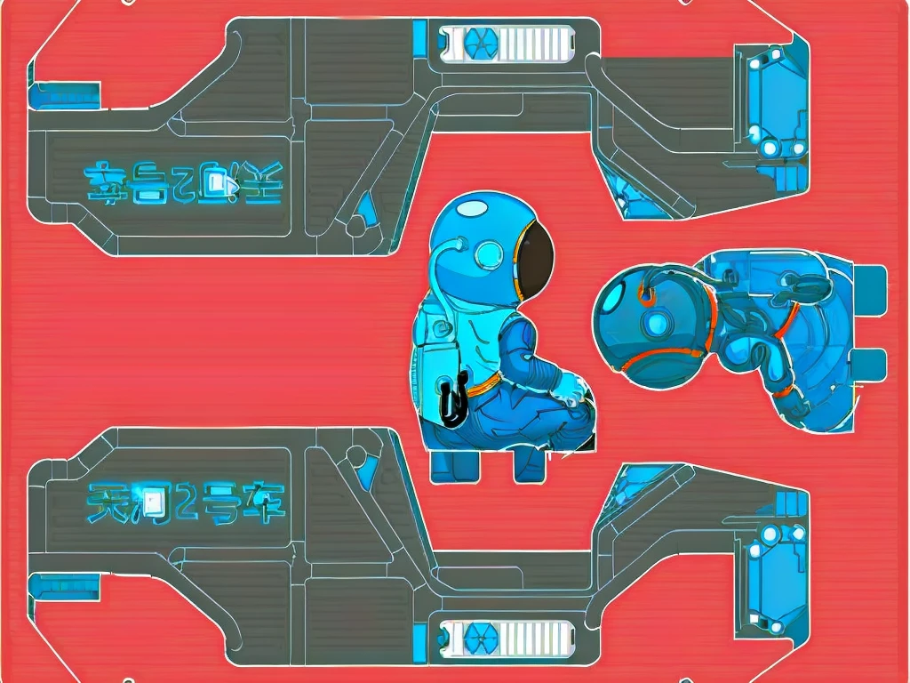 Space suit,Cartoon,Space car, Heavy Line Drawing,Vehicles with steering wheels, Fusion Mecha Parts, highly detailed panel cuts,线条分割成Different colored tiles,Different colored tiles,Color blocks,Bright colors,Vibrant colors,Color contrast,Pictures with high color purity,Tianhe-2 Car,Tianhe Logo,Mechanical car frame,There is a mechanical gripper in front of the car,Space suit,astronaut,Oxygen backpack,Oxygen tubes,Space suit pressure tube,finger,Cockpit,nuclear powerBattery模块,Battery,nuclear power,Reference black wireframe