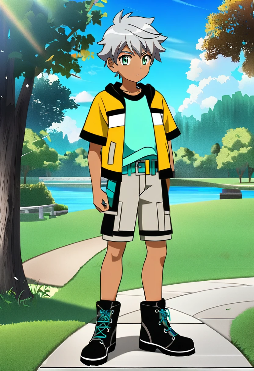 1boy, ager, dark skin, short grey hair, green eyes, park background, layered clothes, cargo shorts, two-tone shorts (black, teal), turquoise belt, belt pouch, aqua shirt, short sleeved jacket (black), ankle boots, belt boots, anime style, digital art, cute boy