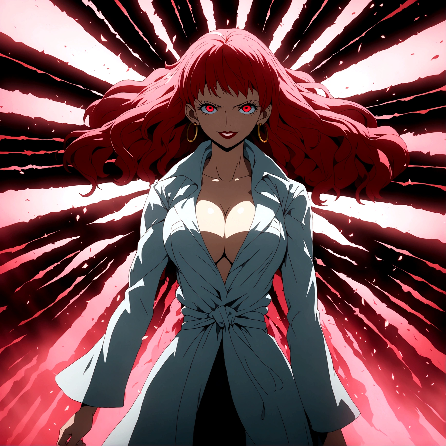 Woman,tied red hair,red eye,red lipstick,hoop earrings,doctor's coat,psychopath smile,hospital setting,"One Piece-inspired anime design,filled with dramatic and stunning lighting,infused with creative details,ultra-fine 2D design,setting bathed in creativity,boasting 2D anime resolution clarity,HD anime graphics,high-octane rendering"