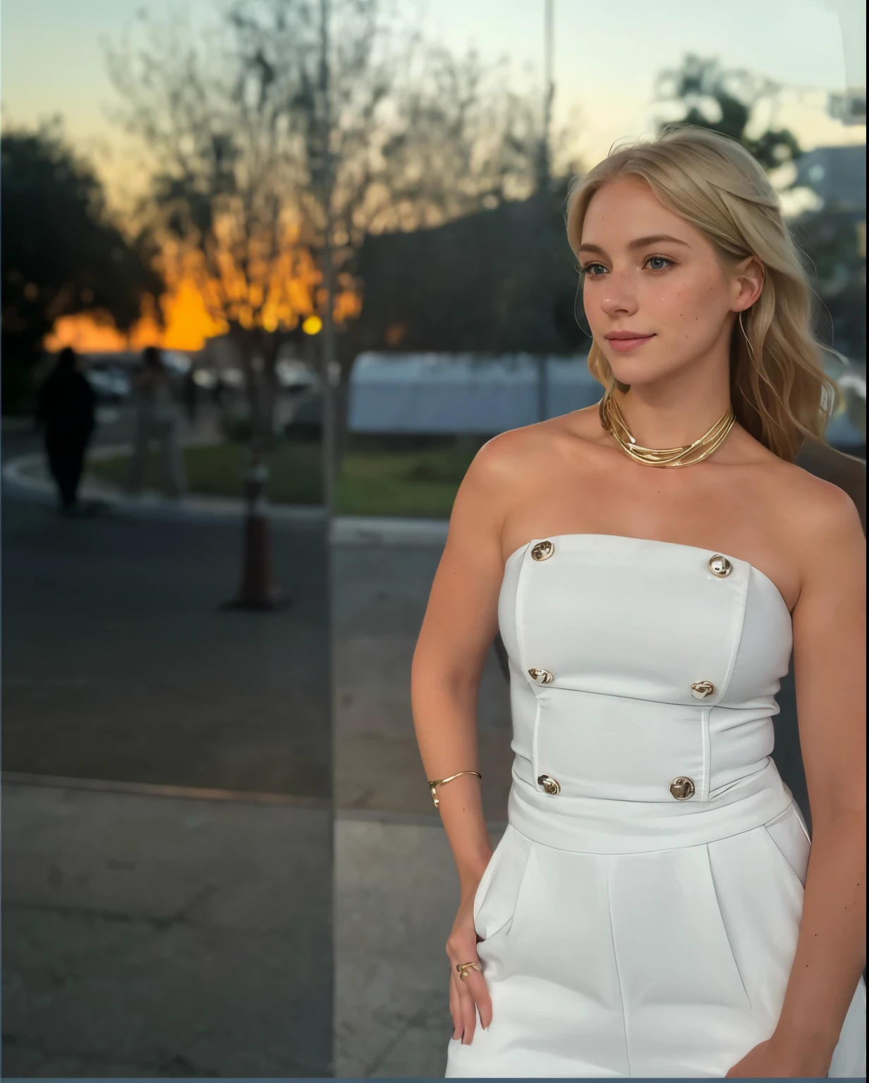 a one woman, americana, age 25, pale skin and freckles, grey-eyed, delicate nose, soft and delicate lips, distant, distant, wavy, waist-length blonde hair, Sweet smile, face with delicate feminine facial features, Highly Rendering 