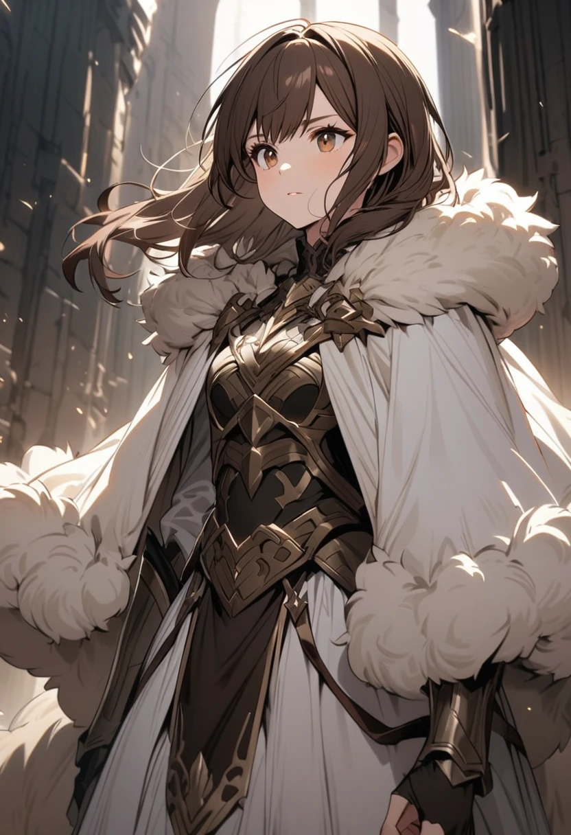 a young woman wearing an extremely detailed white & brown fluffy cloak with subtle armor