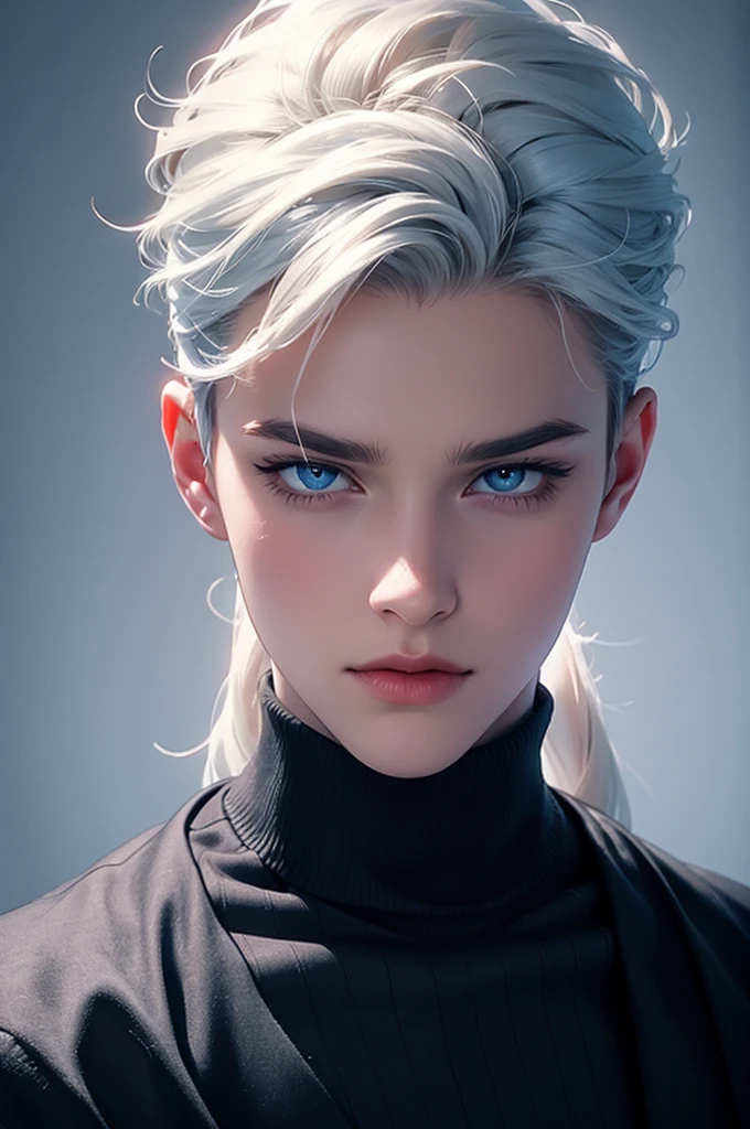 A man with smart white hair and blue eyes, big white eyelashes, 25 years old and a white woman with dark blue hair, honey eyes, hair with a bow at the back and A straight blue fringe on the forehead, black and casual clothes image with better quality, better resolution, detailed, already 28 years old,