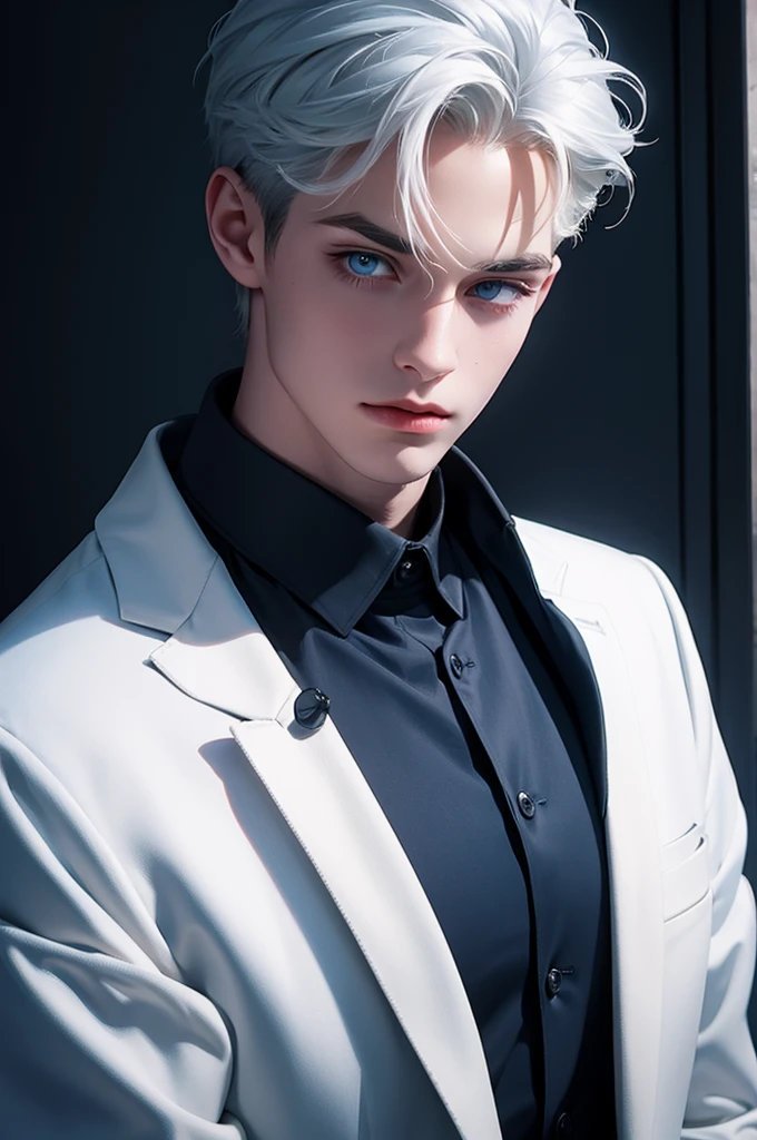 A man with smart white hair and blue eyes, big white eyelashes, 25 years old and a white woman with dark blue hair, honey eyes, hair with a bow at the back and A straight blue fringe on the forehead, black and casual clothes image with better quality, better resolution, detailed, already 28 years old,