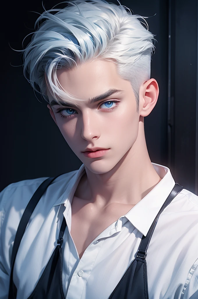 A man with smart white hair and blue eyes, big white eyelashes, 25 years old and a white woman with dark blue hair, honey eyes, hair with a bow at the back and A straight blue fringe on the forehead, black and casual clothes image with better quality, better resolution, detailed, already 28 years old,