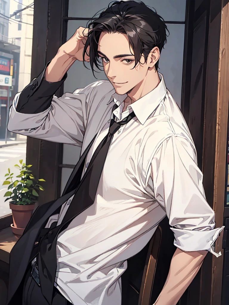 Man in his 40s, Forehead, Very short hair, A kind smile, One Man, Portrait from chest up, Very short black hair, Old man in clothes, Please open your eyes a little, Male hand,Man&#39;s face,Male eyebrows, Male Eyes, Sharp Nose ,Long Nose, Slicked back hairstyle, Black butler uniform, Iris, walking , A kind smile, Reminiscent of a novel cover, Dramatic lighting, Emphasize the contrast between light and shadow, (Official Art, Highest quality、unity 8k wallpaper、32k、masterpiece、Very detailed, grab your hair with your hands, Cinema Lighting, Isekai Tensei, anime,Beautiful light shining through the window, sense of cleanliness,