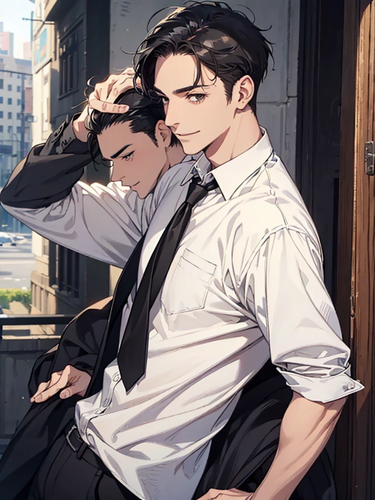 Man in his 40s, Forehead, Very short hair, A kind smile, One Man, Portrait from chest up, Very short black hair, Old man in clothes, Please open your eyes a little, Male hand,Man&#39;s face,Male eyebrows, Male Eyes, Sharp Nose ,Long Nose, Slicked back hairstyle, Black butler uniform, Iris, walking , A kind smile, Reminiscent of a novel cover, Dramatic lighting, Emphasize the contrast between light and shadow, (Official Art, Highest quality、unity 8k wallpaper、32k、masterpiece、Very detailed, grab your hair with your hands, Cinema Lighting, Isekai Tensei, anime,Beautiful light shining through the window, sense of cleanliness,