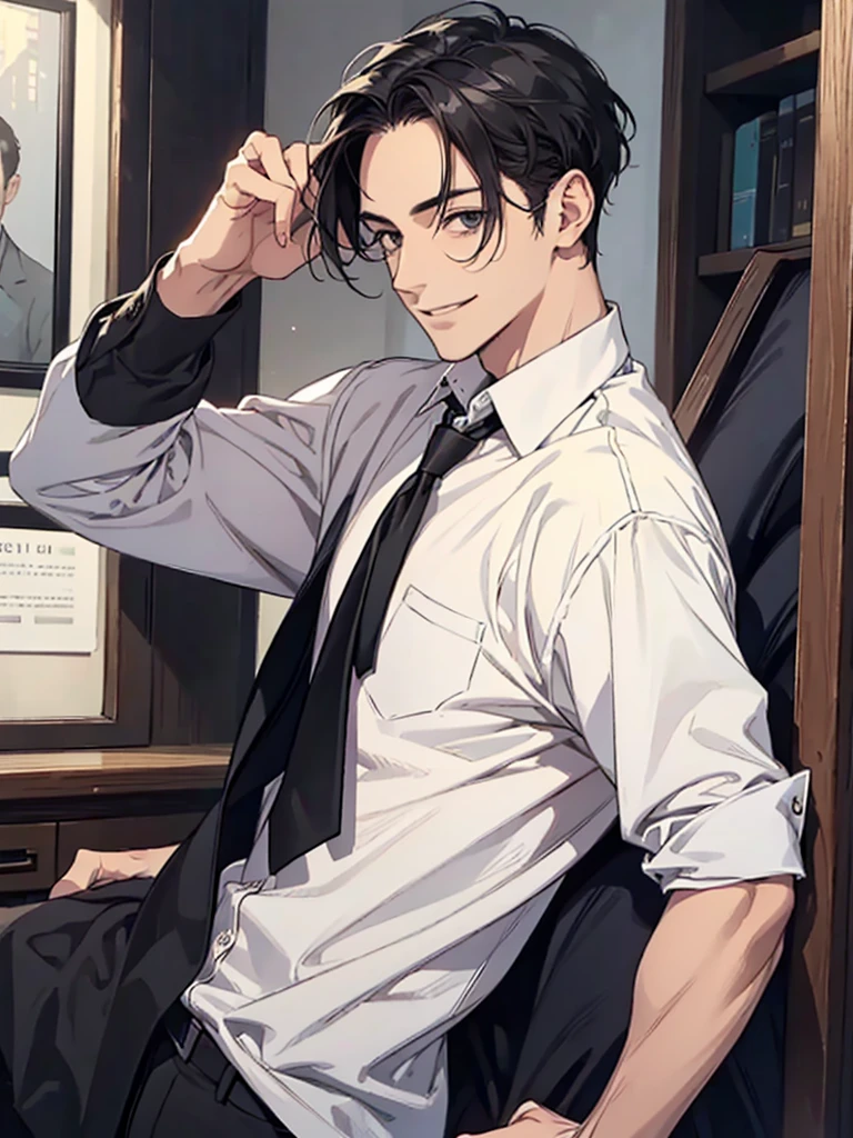 Man in his 40s, Forehead, Very short hair, A kind smile, One Man, Portrait from chest up, Very short black hair, Old man in clothes, Please open your eyes a little, Male hand,Man&#39;s face,Male eyebrows, Male Eyes, Sharp Nose ,Long Nose, Slicked back hairstyle, Black butler uniform, Iris, walking , A kind smile, Reminiscent of a novel cover, Dramatic lighting, Emphasize the contrast between light and shadow, (Official Art, Highest quality、unity 8k wallpaper、32k、masterpiece、Very detailed, grab your hair with your hands, Cinema Lighting, Isekai Tensei, anime,Beautiful light shining through the window, sense of cleanliness,