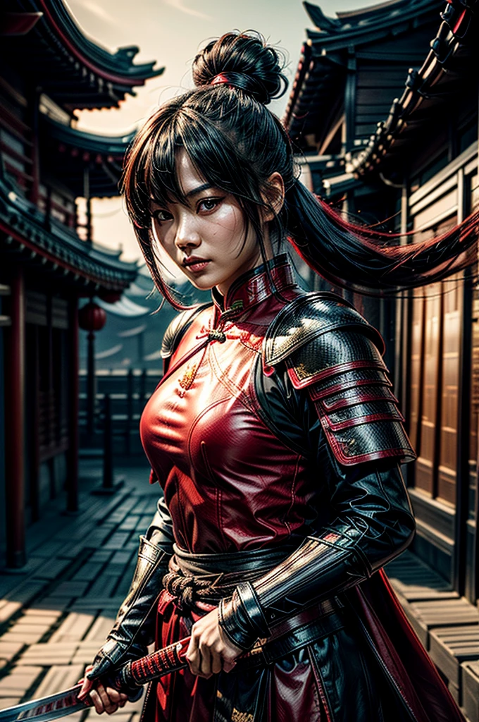 A beautiful chinese women warrior, weapon, 1girl, red full armor, sword, black_hair, bun hairstyle, holding, dual_wielding, solo_focus, holding_weapon, holding_sword, old chinese background, brown_eyes