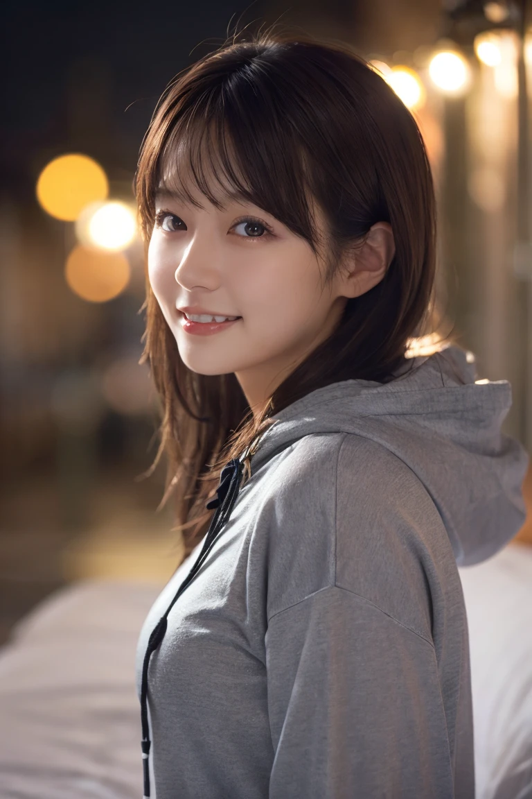 1 Girl, (Wear a black hoodie:1.2), (RAW Photos, highest qualthaty), (Realistic, Realistic:1.4), Tabletop, Very delicate and beautiful, Very detailed, 2k wallpaper, wonderful, finely, Very detailed CG Unthaty 8K 壁紙, Very detailed, High resolution, Soft Light, Beautiful detailed girl, Very detailed目と顔, Beautiful and sophisticated nose, finelyて美しい目, Cinema Lighting, Illuminations that light up the cthaty on a snowy night, Snow Scene, that&#39;that&#39;that&#39;it&#39;s snowing, Snow fell in my hair, Perfect Anatomy, Slender body, Was nervous, 
Straight semi-long hair, bangs, Looking at the audience, smile、Fluffy scarf、On the bed、pajamas