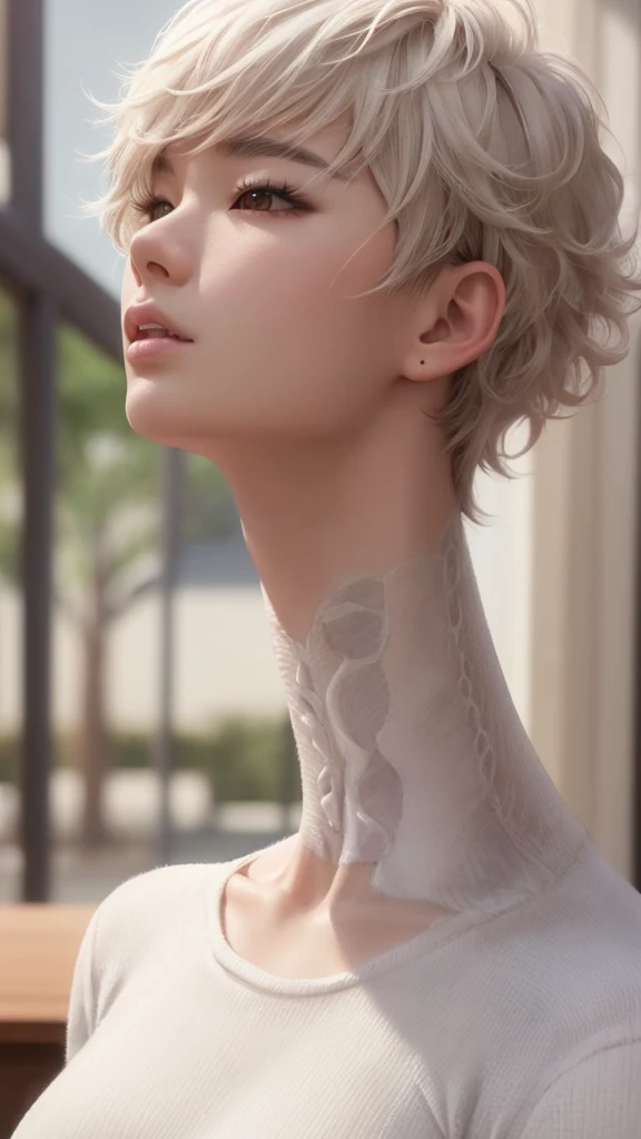 (ultra realistic, highly detailed:1.4), best quality, androgynous korean person, fluffy hair, loose turtleneck shirt, (longneck:1.4)