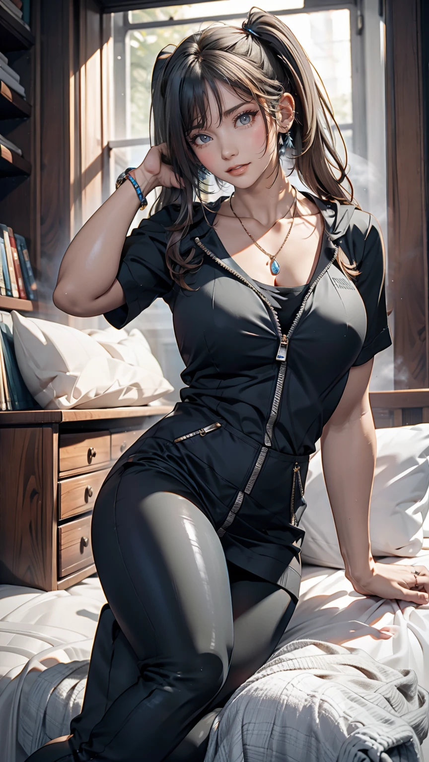 Twin tails, Silver Hair,Wear high-neck zipper-up tops, Pause, cute, Look up, high quality, necklace, ring, bracelet, Earrings、Wear low rise leggings、Wear stiletto heels、
