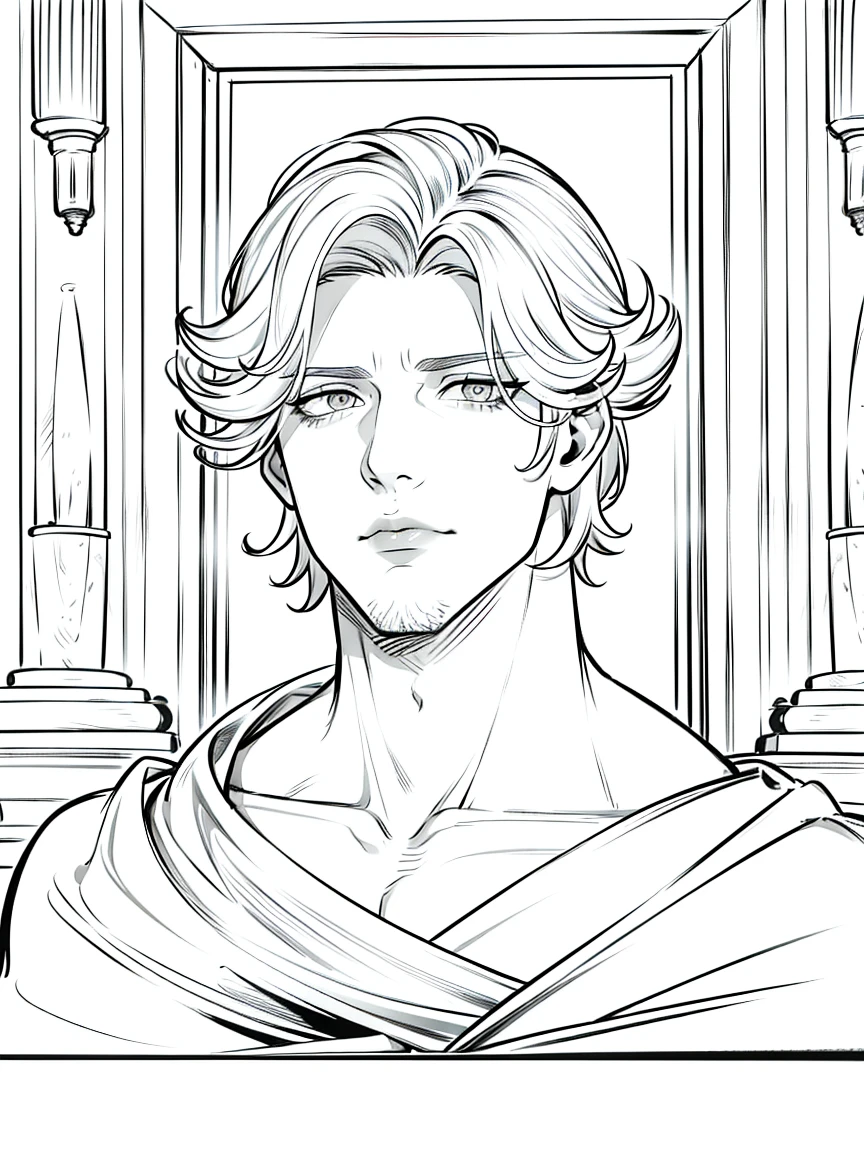 {4 k image}, 1 strong man, 30 years old, shorth hair, with a fleeting glance, sexly, Greek nose and fireplace-shaped lips, looking straight ahead with a neutral expression, {face portrait}, no back ground, manga line art{monochrome}