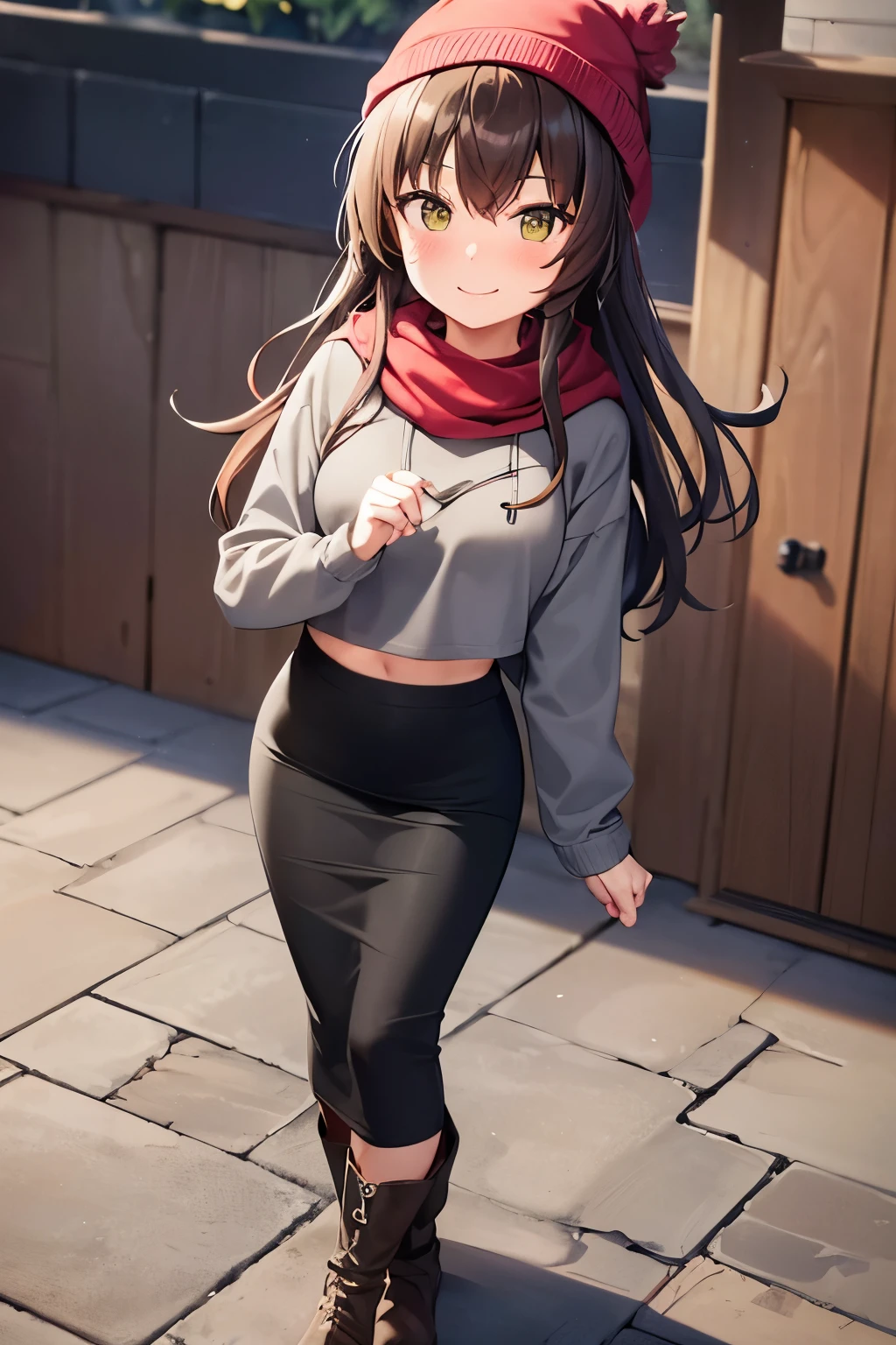 1girl, woman, gray hoodie (cropped), tight midi pencil skirt (black), long length pencil skirt, long brown hair, looking at viewer, full body, smile, blush, boots, garden, fall, leaves, red beanie, scarf