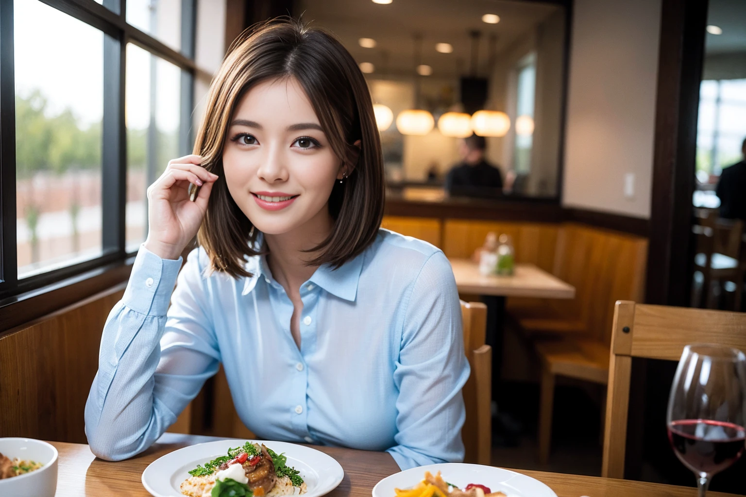 ((Highest quality、8K、masterpiece:1.3))、slimカップル、modelカップル、(Realistic, Intricate details:1.2), full-course dinner、Wine Party、Amazing view of the sunset sky and clouds、A bright smile、The wonderfulness of smile、Bright image、The beauty of wine, Beautiful Face, blue eyes, The light shines on your face, Blushing, short hair,Bright Face、 (Age 37), 39 years old, red wine 、Appetizers、Italian food、Wine bottle、Champagne、sparkling wine、Two beauties、Brown Hair、Shortcuts、Long sleeve shirt、dress、Beautiful woman 1, (slimな顔), (The body is slim), (Brown Hair), (Shortcuts), cheeks turn a little red,Attractive beauty、restaurant, In a prominent place (From the waist up) Nova Frog Style, actress, model, Upper Body, White wine, slim, wine glass, 中央に置かれたwine glass, smile, (smile: 1.15), Beautiful fine grain, Depth f/2,saturation, High Contrast, Strong light and shadow,Moist Body:1.5、3D texture、Delicate eyes、Brown Hair、The hair is very shiny、