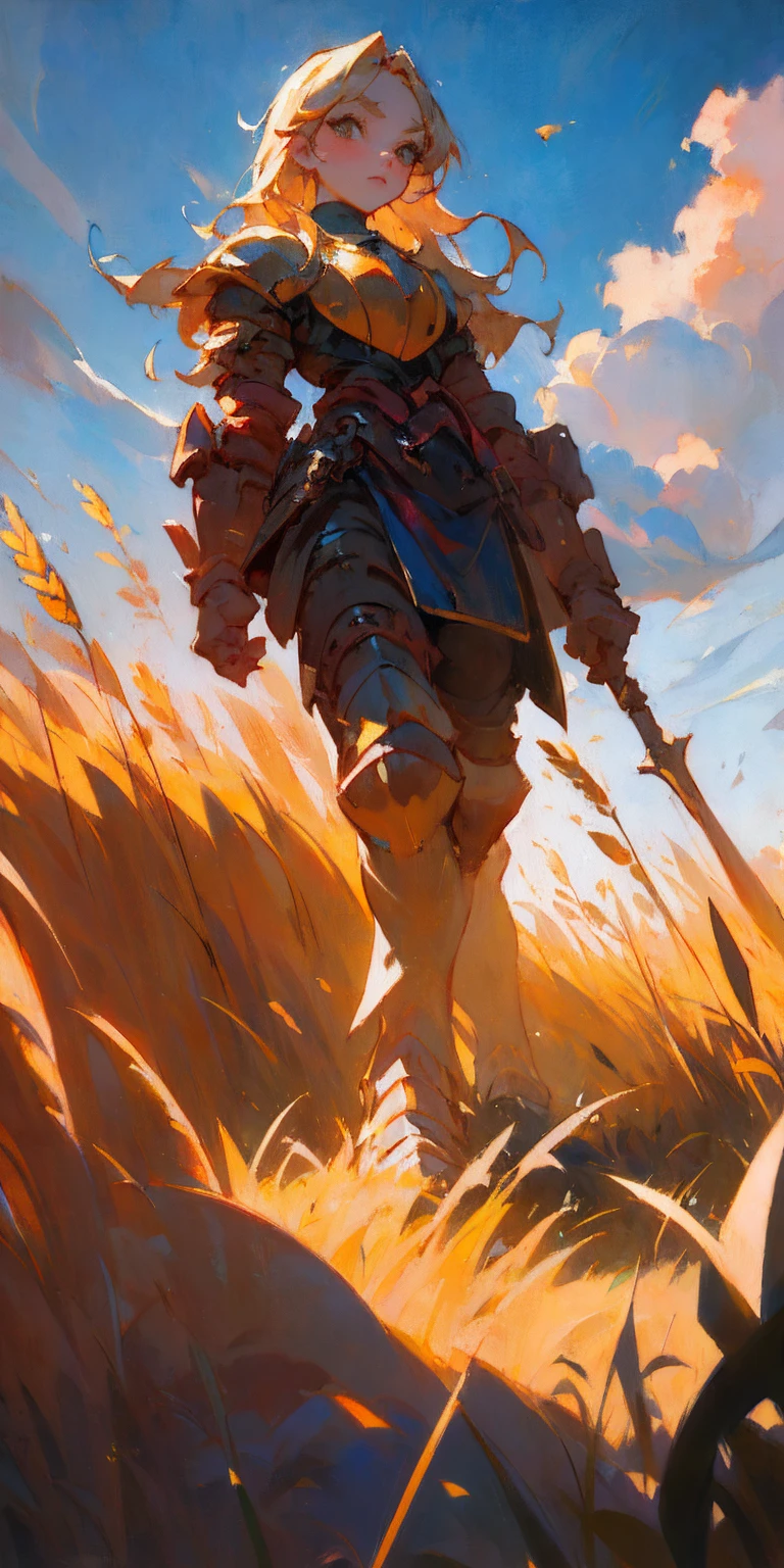 stunning painting of a knight with long blonde hair, wheat field, epic clouds ((painterly)) ((impressionist)) vibrant, soft edges (((warm glow))) full body whole body view from below 1sologirl, feet together, view from below while walking to the viewer