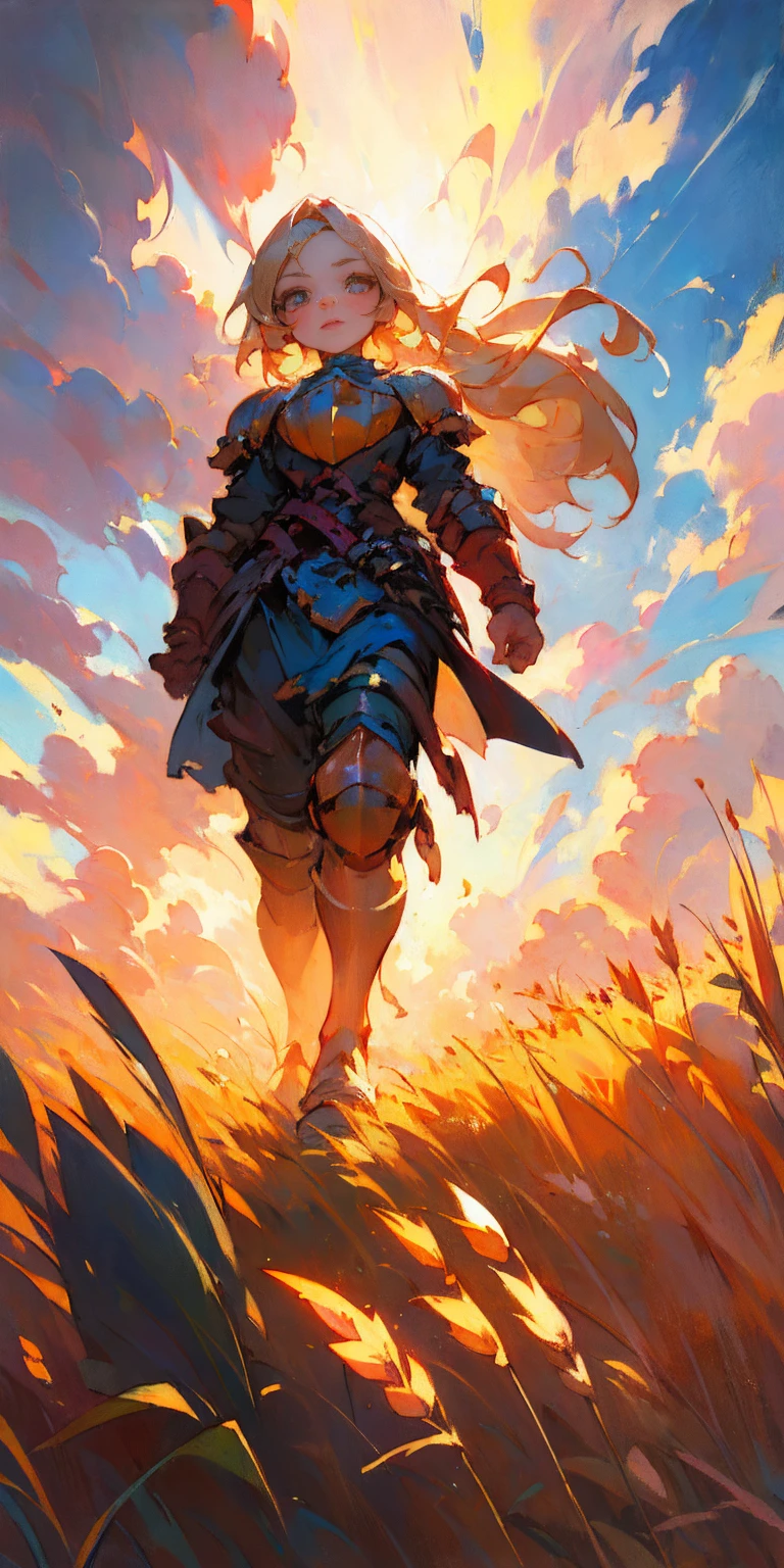 stunning painting of a knight with long blonde hair, wheat field, epic clouds ((painterly)) ((impressionist)) vibrant, soft edges (((warm glow))) full body whole body view from below 1sologirl, feet together, view from below while walking to the viewer