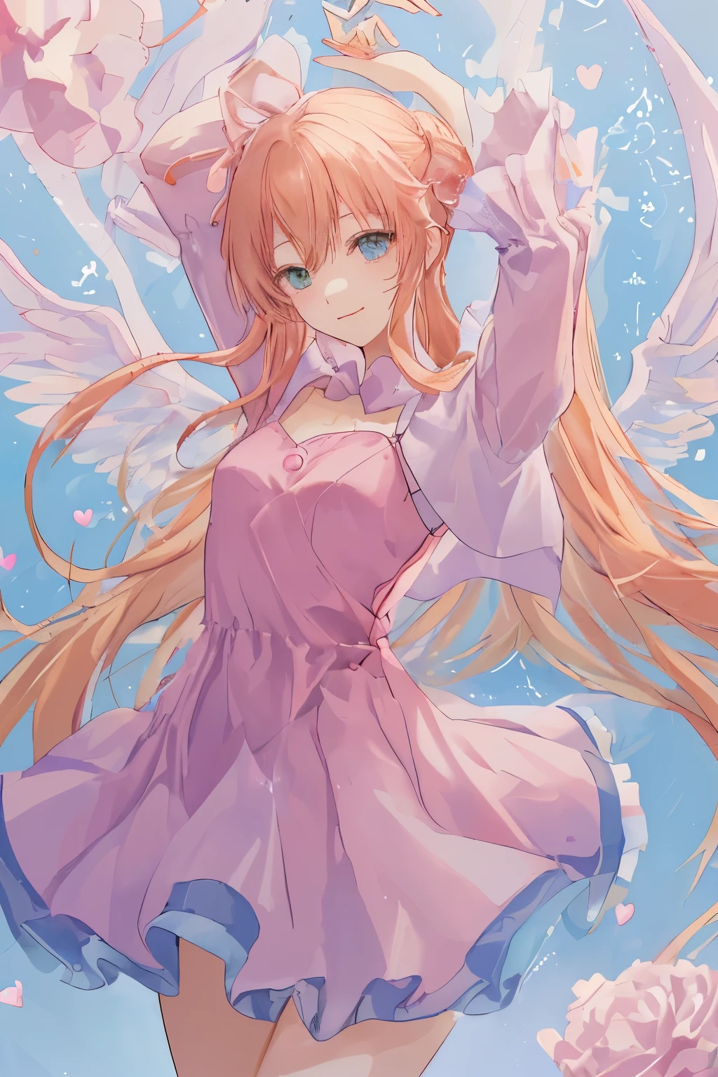 1_girl, (anime, kawai:2), (masterpeice, best_quality, simple, cute, dreamy, vibrant, clean:1.5), (cute, cute_smile, young:1.8), (delicate, beautiful, thin:1.5), (girlfriend, angel:1.6), (green_eyes, simple_eyes:1.5) (long_hair, blond_hair, wearing_pink_dress, pink_angel_wings, _gloves:1.8), extremely_delicate, (love_magic:1.5), (age_size_fits_body), (small_thighs:1.3), (breasts), (eye_level:1.3), (heart_magic, love:1.5), (dancer:1.3)