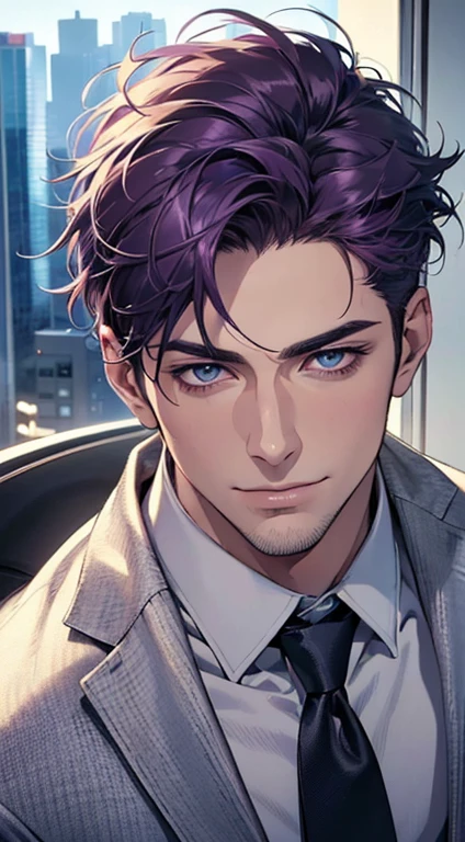 (best quality,4k,8k,highres,masterpiece:1.2),ultra-detailed,(realistic,photorealistic,photo-realistic:1.37),1 man,31 years old,mature man,very handsome,without expression,smile,short purple hair,blue eyes,penetrating gaze,perfect face without errors,imposing posture,businessman,office background,cinematic lighting,hdr image