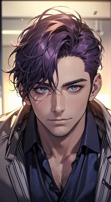 (best quality,4k,8k,highres,masterpiece:1.2),ultra-detailed,(realistic,photorealistic,photo-realistic:1.37),1 man,31 years old,mature man,very handsome,without expression,smile,short purple hair,blue eyes,penetrating gaze,perfect face without errors,imposing posture,businessman,office background,cinematic lighting,hdr image