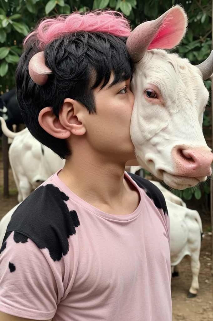 A boy of about 33 years old,short black hair,black short sleeve t-shirt,He has white, furry cow ears with pink spots. He does not have human ears, only cow ears.,It has white cow legs with pink spots and darker pink hooves. Its legs have hair., red makeup on the upper eyelids,Red eyes,stomach 169,It has pale pink horns on the front.,
