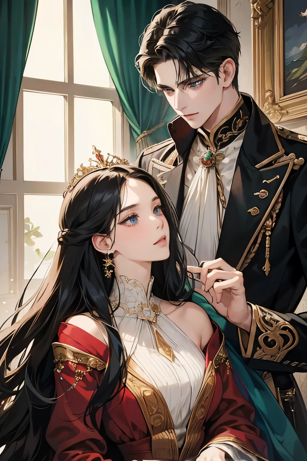 (masterpiece, a couple, high quality, best quality) The royal couple during the dance, The Guy is a perfect blond, blue-eyed aristocrat gave the impression of untouchability due to his overly bright facial features.A girl with long black hair, red eyes. Very close to each other. A girl in a beautiful dark green dress, a beautiful figure, very close to a guy, hugging excitedly, moonlight, beautiful facial features, desire, novel, couple, elegance. the cover of a novel for adults, good quality, sensual pose, lustful looks. the colors of the King,beautiful androgynous prince, knight and princess, delicate androgynous prince, romanticism art style, anime key visual of elegant, royal portrait, a girl with long black hair, resin-colored hair, red eyes, fair skin, light green dress. Background: The royal garden at night. Moon Lighting. Girl black hair red eyes, guy golden hair blue eyes, age 25, detailed face, manly man passionately hugs a girl, a girl is a princess of an enemy country with long black hair and red eyes, a man with golden hair and blue eyes, contrasting colors, passionate relationship, a girl in a green fitted dress with a neckline, a , male king in royal costume, after the ball, background of the royal garden, the lighting is cold, intimacy between the couple, passion. A very sexy man, . A girl is sitting on a man's lap, a passionate pose, a beautiful girl, a lot of details. Blond man, dark-haired girl, attraction between couple, sexy pose, addiction