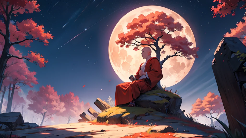 A very strong monk is meditating clearly visible under a large red tree, with a full moon in the night sky