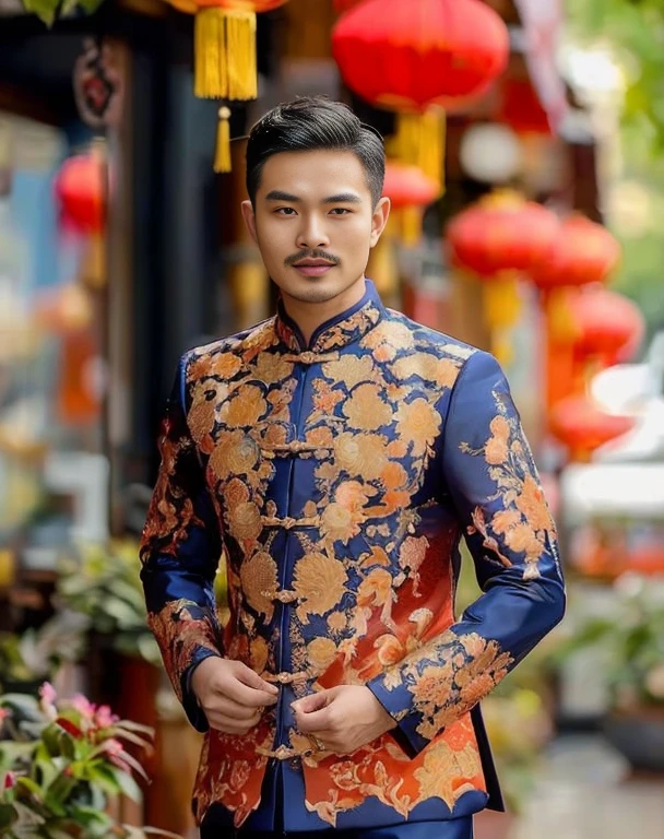 Haraf man looking at camera, perfect has a round face, man with round face, Southeast Asian man with a round face, Profile picture, charming anime,ภาพสามมิติ 8K,45 high quality colored lights,000,000,000 pixels, photo, post-trade photo, animation, The character is in her natural pose., Southeast Asian man with a round face, Profile picture 3-D, 8K, 45,000,000 pixcls, Cloak with gold letters, Cheongsam, cloth coatที่ได้แรงบันดาลใจจากมังกร, Chinese dress, Chinese dress, with ancient Chinese clothes, Wearing a red, gilded robe, Tailoring a suit according to tradition, cloth coat, Wear a red formal dress