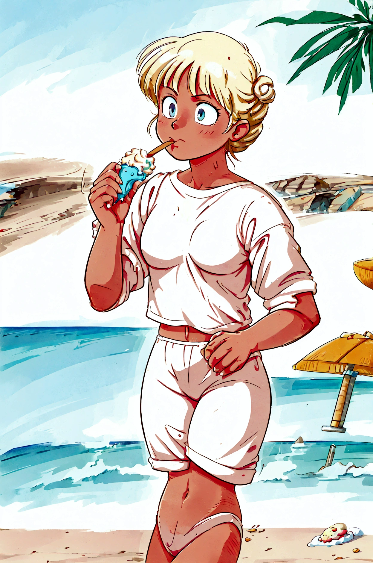 blond haired woman in white shorts and white shirt on the beach, in white clothes, in the beach, android 18, high quality colored sketch, at the beach, highly detailed exquisite fanart, at a beach, detailed fanart, eating ice - cream, eating ice cream, in the art style of 8 0 s anime, bulma from dragon ball, at the sea in front of a sea eating ice cream
