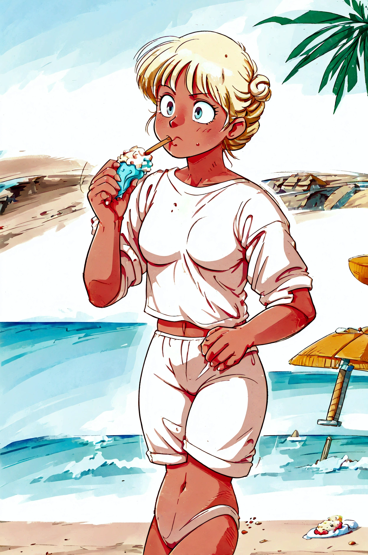 blond haired woman in white shorts and white shirt on the beach, in white clothes, in the beach, android 18, high quality colored sketch, at the beach, highly detailed exquisite fanart, at a beach, detailed fanart, eating ice - cream, eating ice cream, in the art style of 8 0 s anime, bulma from dragon ball, at the sea in front of a sea eating ice cream