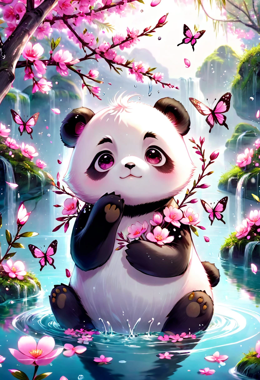 absurdres, highres, ultra detailed, HDR, master piece, best quality, extremely detailed, Panda, solo, cute, small, fantasy, magical, magic, pink butterflies, pink petals, pink flowers, water, blossoms