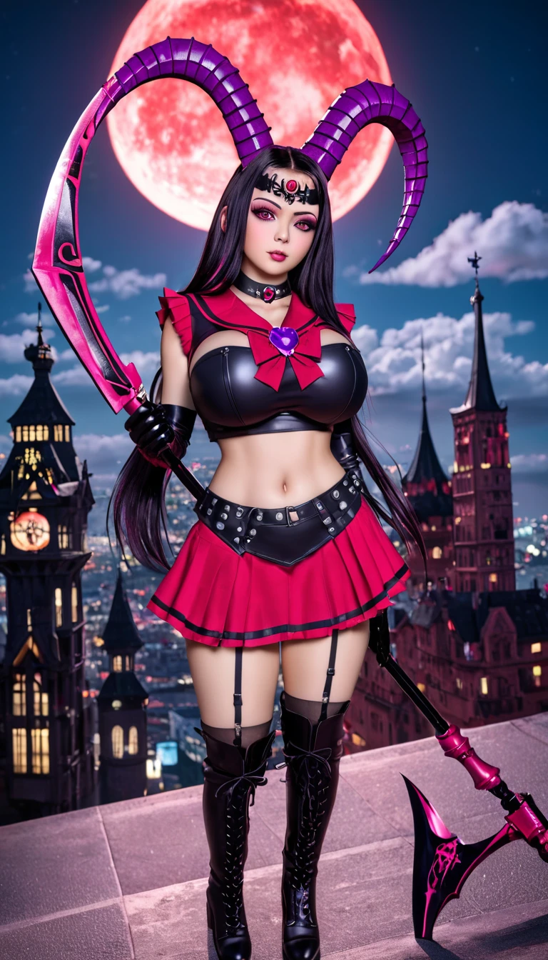 (High quality, masterpieces), One Japanese girl, black long hair, Beautiful face, Sleepy eyes, Brown eyes, Crimson wide sailor collar, Crimson ruffle mini skirt, Huge violet ribbon with a skull shaped brooch at center, Big breasts, Exposing skin around navel, Gray crop top, Crimson leatherlong gloves, Crimson leather Knee-high boots, Garter belt, circlet made of black metal with a purple jewel on forehead, broad and deep dark-pink eyeshadow, Attach sheep's horn to temporal region, Equip a huge death's scythe, On top of a tower overlooking skyscrapers, Cyber punk, Midnight, red moon