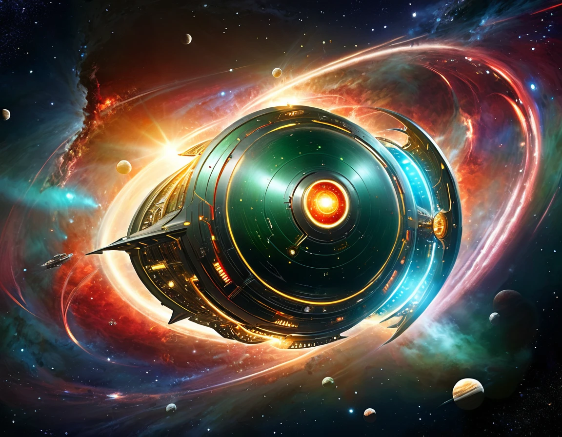 A sleek, futuristic starship soaring through the vastness of space with a background transitioning from dark green to red, dotted with stars. The ship has a large, circular saucer section, elongated body, and nacelles extending outward. Its metallic surface is detailed with intricate paneling and vibrant lights, showcasing advanced space travel technology.