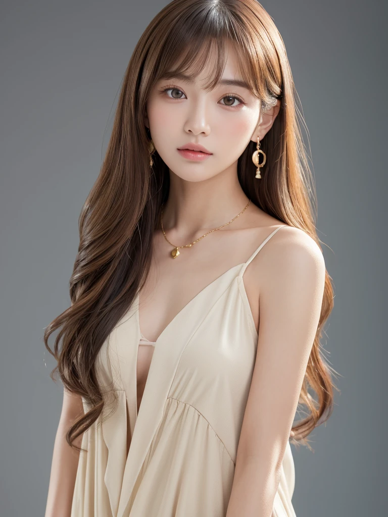  ((Highest quality, 8K, masterpiece:1.3)), concentrate: 1.2, Perfect body beauty: 1.4, Hips: 1.2, ((Long Hair, chest: 1.2)), (Dry clothes: 1.1) , (clear, Simple Background:1.3), Simple clothes: 1.1, Highly detailed face and skin texture,Delicate eyes, double eyelid, Whitened skin, Rough skin、Long Hair、Earrings with bangs、necklace、 solo、Beige coat、White shirt,  (((Beautiful girl with cute Japan)))、  ((Beautiful Japanese girl 20 years old))、 ((Baby Face))、 (((Slender body)))、  Upper Body，Face focus、necklace，Simple Background，From above， Realistic Hair、 A photograph was taken:Canon EOS R6、135mm、1/1250 seconds、f2.8、ISO400、(Detailed explanation of the hand)、(Masseter muscle area)、(Exquisite CG)、Long Hair, loose and curly hair、Korean Hair、Long Hair明るいベージュ色、グラデーションハイライトグレージュのゆるふわLong Hairスタイル、