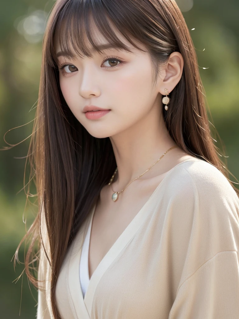  ((Highest quality, 8K, masterpiece:1.3)), concentrate: 1.2, Perfect body beauty: 1.4, Hips: 1.2, ((Long Hair, chest: 1.2)), (Dry clothes: 1.1) , (clear, Simple Background:1.3), Simple clothes: 1.1, Highly detailed face and skin texture,Delicate eyes, double eyelid, Whitened skin, Rough skin、Long Hair、Earrings with bangs、necklace、 solo、Beige coat、White shirt,  (((Beautiful girl with cute Japan)))、  ((Beautiful Japanese girl 20 years old))、 ((Baby Face))、 (((Slender body)))、  Upper Body，Face focus、necklace，Simple Background，From above， Realistic Hair、 A photograph was taken:Canon EOS R6、135mm、1/1250 seconds、f2.8、ISO400、(Detailed explanation of the hand)、(Masseter muscle area)、(Exquisite CG)、Long Hair, loose and curly hair、Korean Hair、Long Hair明るいベージュ色、グラデーションハイライトグレージュのゆるふわLong Hairスタイル、
