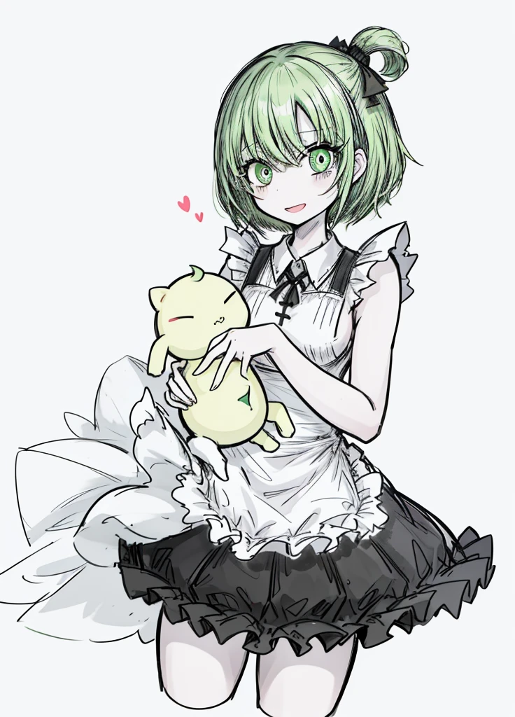 1girl ,green eyes,green hair,short maid dress ,pale skin, (masterpiece, anatomically correct, high detail, high quality, 8k), happy, smile,blushing