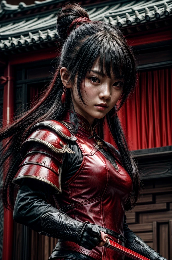 A beautiful chinese women warrior, weapon, 1girl, red full armor, sword, black_hair, bun hairstyle, holding, dual_wielding, solo_focus, holding_weapon, holding_sword, old chinese background, brown_eyes