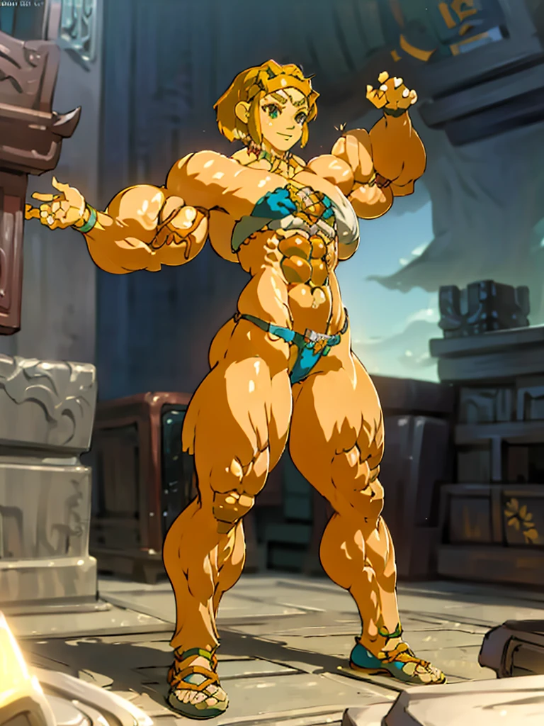  A single muscular Zelda with big arms and nice short hair and marked abs, wide waist and defined legs, big and muscular in a bikini with two arms and a big ass, marked abdominals smile with two legs and five fingers on her hands 