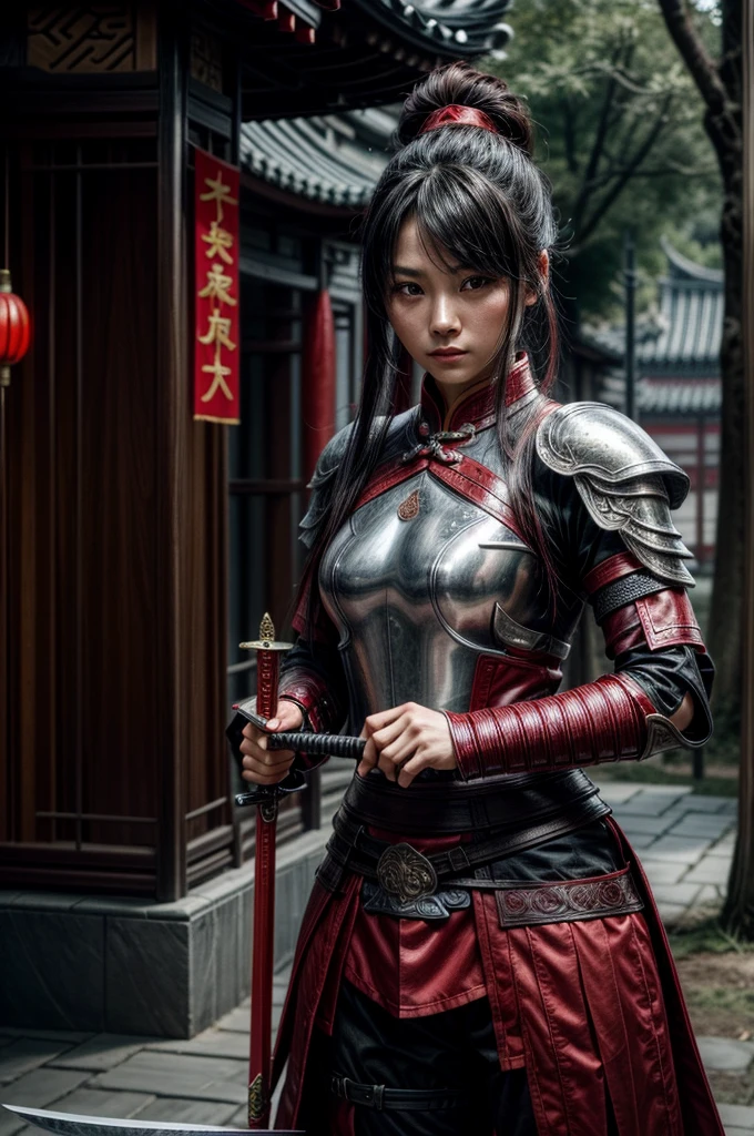 A beautiful chinese women warrior, weapon, 1girl, red full armor, sword, black_hair, bun hairstyle, holding, dual_wielding, solo_focus, holding_weapon, holding_sword, old chinese background, brown_eyes