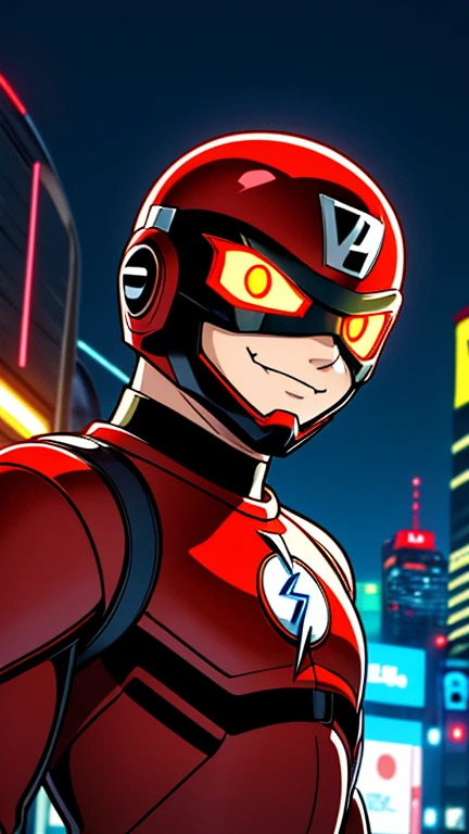 (8k),(masterpiece),(Japanese),(13-year-old boy),((innocent look)),((Childish)),From the front,smile,cute,Innocent,Kind eyes,Flat chest, The Flash, Red Helmet, Red Domino Mask,Short,Hair covered by helmet,Blonde Hair,Strong wind,night,dark, Neon light cyberpunk city, mighty atom