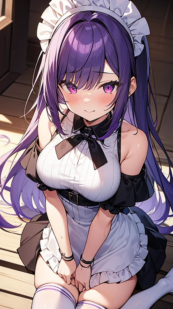 最high quality, high quality, Super detailed, 32k, Ultra-detailed details, (only, pretty girl, beautiful purple hair, Beautiful purple eyes, Big Breasts, A light smile, Red eyes, Off-the-shoulder sleeveless Summer clothes, Summer casual maid clothes, Short skirt, Blue and white color striped underwear, Black knee socks, My crotch is wet with love juice, 18-year-old,cute), {{A succubus strips off the face and clothes of a murdered maid and engages in intense vaginal sex with her master, bouncing her breasts.}}, She has transformed from a shy maid into a lewd one., A maid with her sister's face stuck on her face is vigorously pistoning her body, A maid who moves her body vigorously without caring if her breasts bounce, ((She straddles a sleeping man and has intense vaginal sex:1.5)), Cowgirl Sex, Super detailed, Detailed sister photos, NSFW