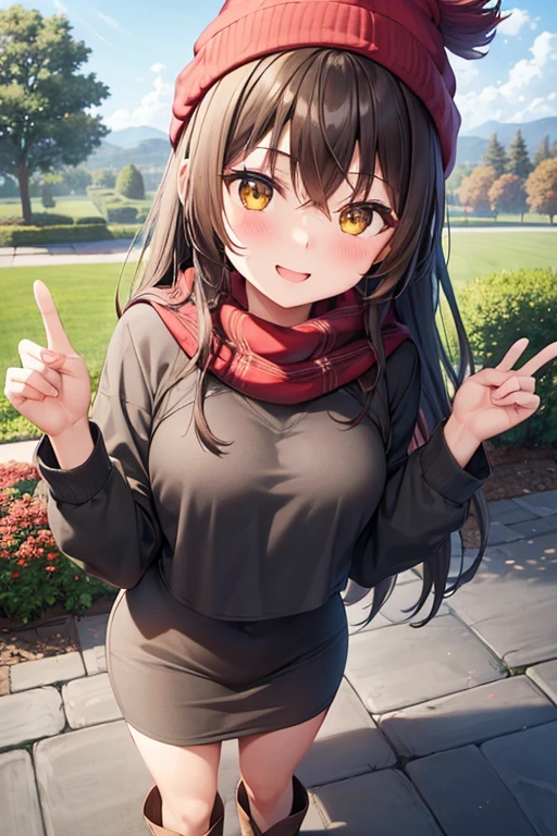 1girl, woman, gray hoodie (cropped), tight midi pencil skirt (black), long length pencil skirt, long brown hair, looking at viewer, full body, smile, blush, boots, garden, fall, leaves, red beanie, scarf