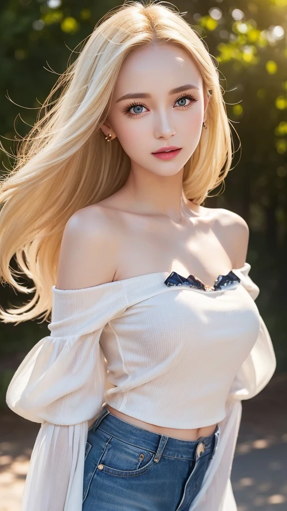 (((Off-the-shoulder blouse with sleeves、Shorts、White background、Cowboy Shot、forehead、Blonde)))、forehead、Northern Europe、Russia、beautiful girl、Platinum Blonde Hair、Straight long hair、Big blue eyes、Northern Europeの若者、Glowing Skin、Young and beautiful skin、A perfect and beautiful little face、Bright makeup、Pale pink lips、Bright expression、lipstick、Golden Hour Lighting、Movie Light、Intricate details、High resolution、 Detailed features of the face design、Big Breasts