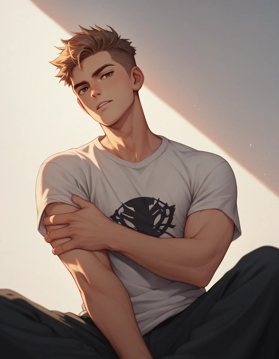 score_9, score_8_up, score_7_up, score_6_up, score_5_up, score_4_up, human Male , Brown fade haircut, wearing t-shirt , manga Style ,