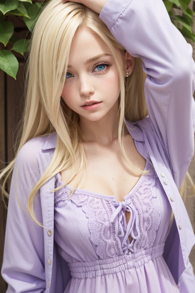 playfully blonde ,greeneyes ,lilac clothing ,