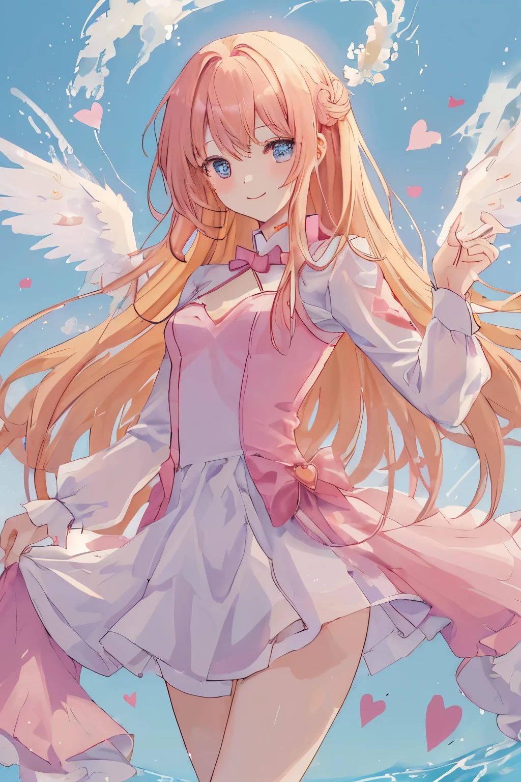 1_girl, (anime, kawai:2), (masterpeice, best_quality, simple, cute, dreamy, vibrant, clean:1.5), (cute, cute_smile, young:1.8), (delicate, beautiful, thin:1.5), (girlfriend, angel:1.6), (green_eyes, simple_eyes:1.5) (long_hair, blond_hair, wearing_pink_dress, pink_angel_wings, sexy_gloves:1.8), extremely_delicate, (love_magic:1.5), (age_size_fits_body), (small_thighs:1.3), (breasts), (eye_level:1.3), (heart_magic, love:1.5), (dancer:1.3)
