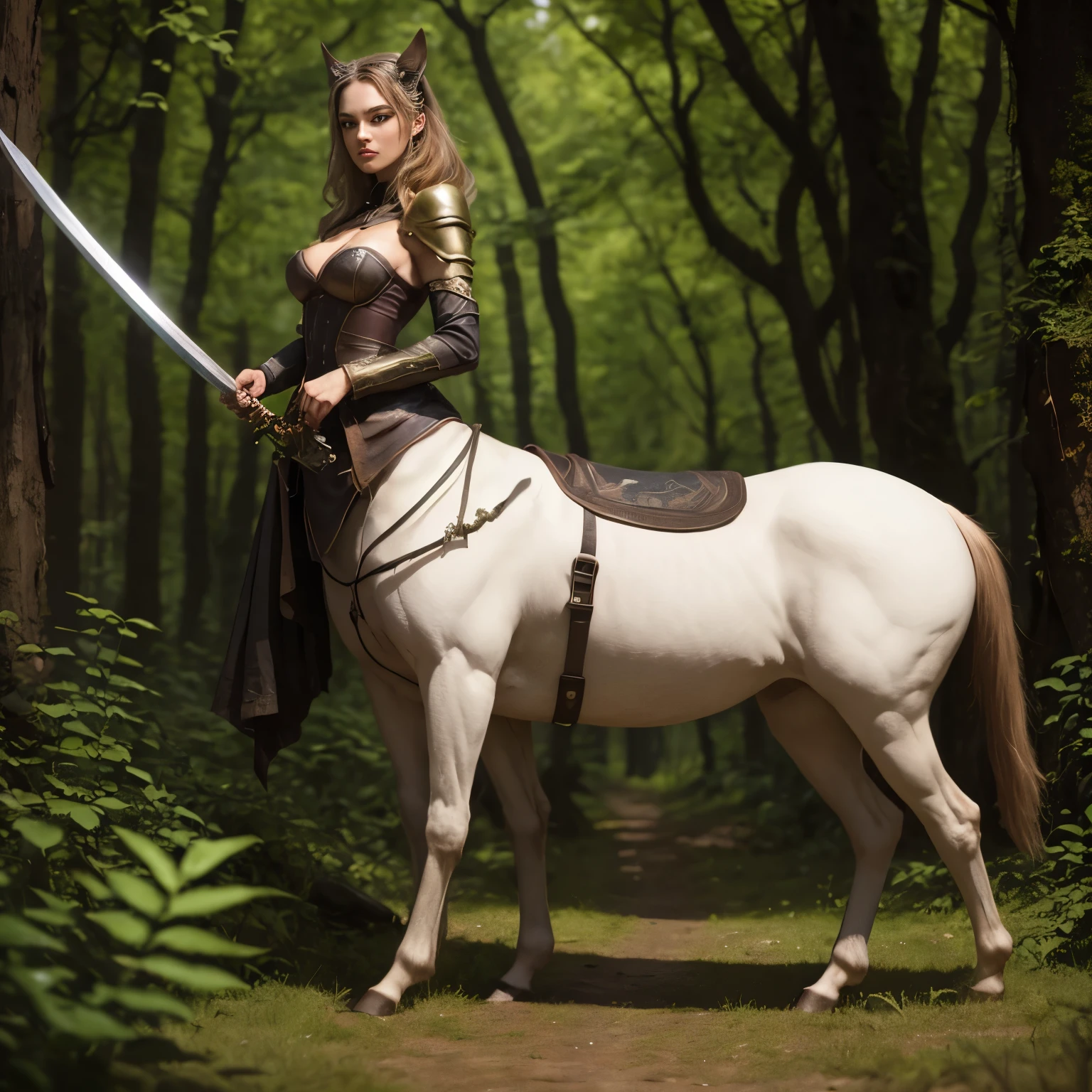 A centaur with a beautiful female face proudly holds a sword in the forest, Wear clothing that conveys elegance and strength. steadily, He is ready to face any threat that may be lurking in the dense woods.. Large Breasts. 35 mm, F/2.8, Hyperpolarizers, elegant, Very detailed and complex, masterpiece, Surreal,  Practical. Image rendered in K HDR, High octane is also super detailed, Super Resolution, masterpiece, Practical. 