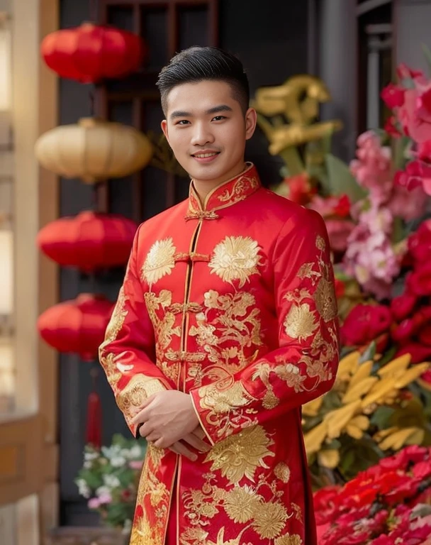 Haraf man looking at camera, perfect has a round face, man with round face, Southeast Asian man with a round face, Profile picture, charming anime,ภาพสามมิติ 8K,45 high quality colored lights,000,000,000 pixels, photo, post-trade photo, animation, The character is in her natural pose., Southeast Asian man with a round face, Profile picture 3-D, 8K, 45,000,000 pixcls, Cloak with gold letters, Cheongsam, cloth coatที่ได้แรงบันดาลใจจากมังกร, Chinese dress, Chinese dress, with ancient Chinese clothes, Wearing a red, gilded robe, Tailoring a suit according to tradition, cloth coat, Wear a red formal dress