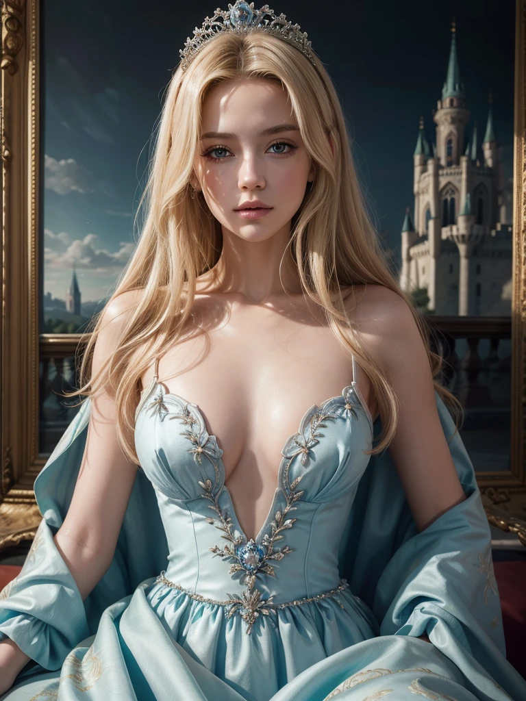 (completamente desnuda), (full shot),(small breasts), (Slim body), High-quality, detailed portrait of a blonde princess with flowing blue dress and tiara, oil painting, elegant castle background, soft and warm lighting, detailed floral patterns, royal jewelry, realistic, oil painting, detailed eyes, flowing gown, tiara, elegant, royal, warm lighting, detailed portrait, blonde hair, castle background
